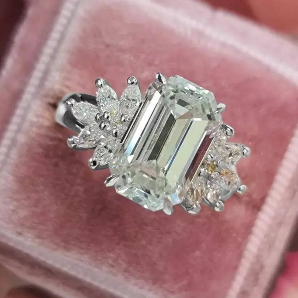 Sparkling Emerald-Cut White Diamond Cluster Ring - Women Jewelry